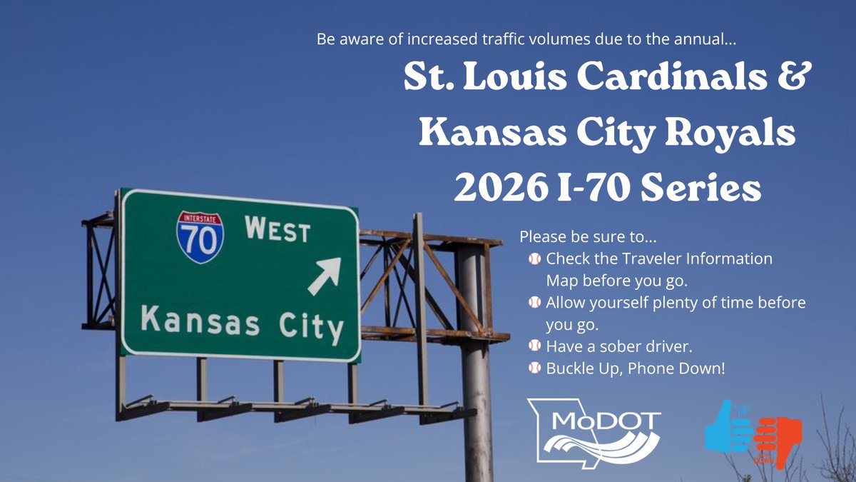 MoDOT_KC's tweet photo. Cardinals vs. Royals means extra traffic on I‑70! Check your route, give yourself extra time, and buckle up, phone down! #BUPD ⚾🚗 https://t.co/cJjcer2xtR