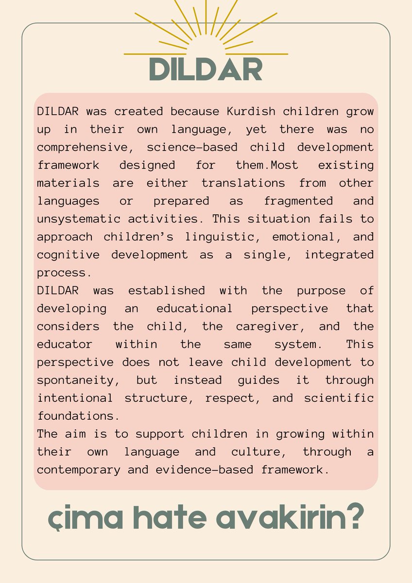 DildarCore's tweet photo. Modula Pêşkeftin û Perwerdehiya Zarokan (17 Bend) Kurmancî & English Modûlên dîjîtal -
Ragihandinî: dildar.core@gmail.com
https://t.co/Xnd1iJsjcv
#Dildar #LearningAsProcess #ChildDevelopment #HolisticEducation #MotherTongueLearning #zimanûfêrbûn #educationforlife https://t.co/5tFe1wR5p2