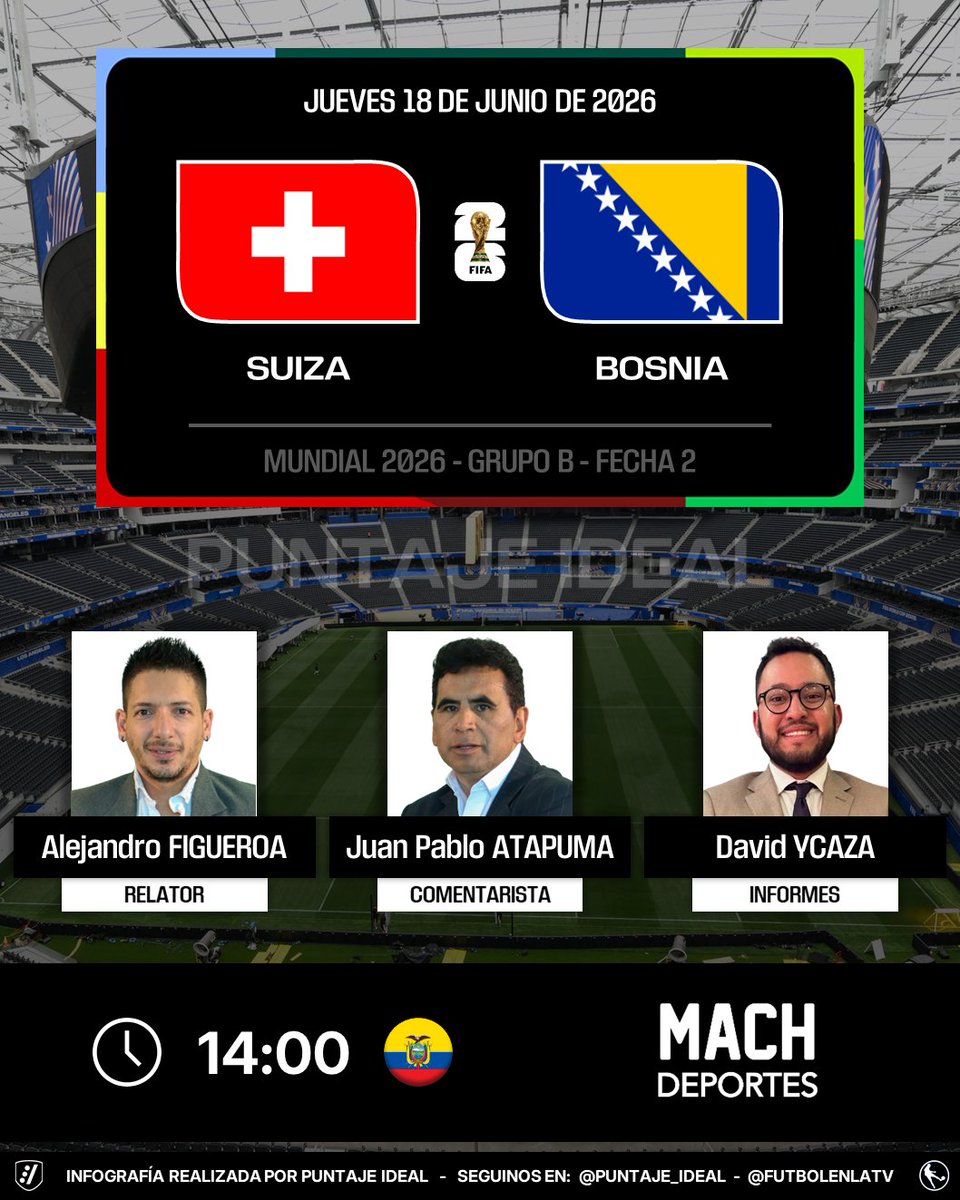 PuntajeIdealEC's tweet photo. ⚽️ #Mundial2026 | 🇨🇭 #Suiza vs. #Bosnia 🇧🇦
🎙 Relator: @LejoAF 
🎙 Comentarista: @jpabloas 
📋 Informes: @DavidYcaza15
📻 @MachdeportesFM
🤳 #LaDinastíaContinúa
Dale RT 🔃 https://t.co/p3Xu31I693