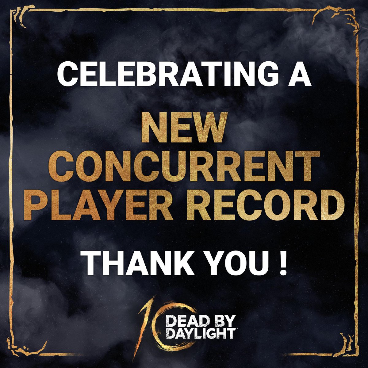 DbDBHVR_JP's tweet photo. 霧の中の10周年に、新たなお祝い事が加わりました！ 🥳🎉
 
Dead by Daylight の全プラットフォーム合計の最大同時接続プレイヤー数の記録が更新されました！25万人以上の方が同じ瞬間に霧の中に遊びに来てくれました。

皆さん、ありがとうございます！6月26日、シェーン・ウィグワースの登場と10周年記念イベントでお祝いを続けるのが待ちきれません。