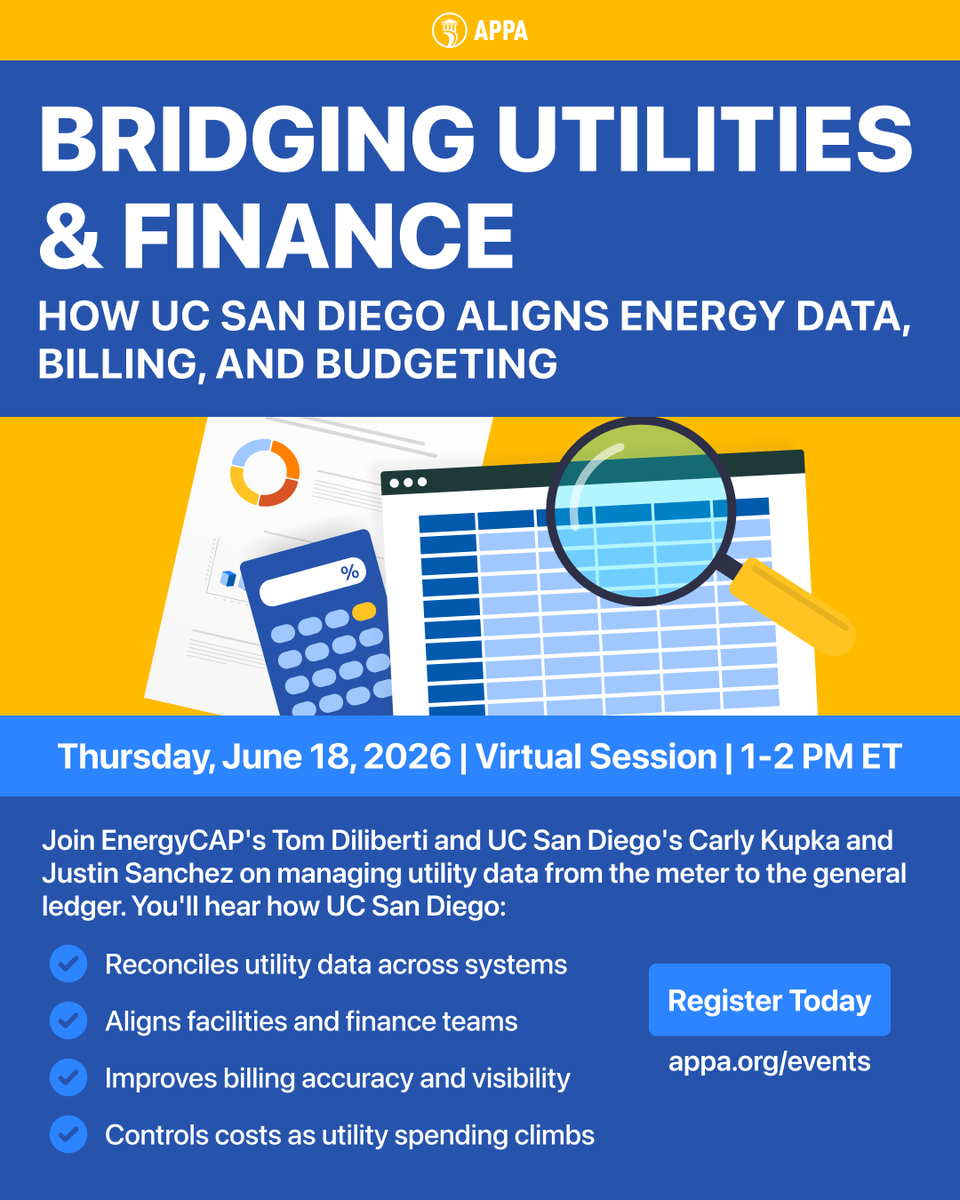 APPA_facilities's tweet photo. Utility costs are climbing while the systems tracking them stay fragmented. Join EnergyCAP's Tom Diliberti and UC San Diego's Carly Kupka and Justin Sanchez on managing utility data from the meter to the general ledger.

🔗 Register here: https://t.co/yeX8DGnNd4 https://t.co/yt660CgUSI