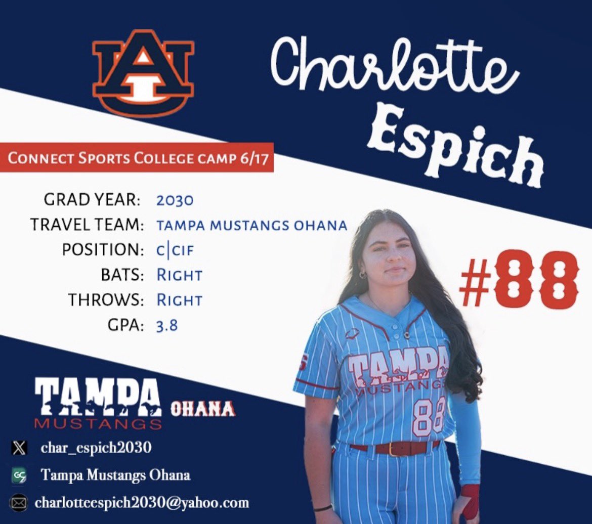 char_espich2030's tweet photo. Super excited for new opportunities and to meet @AuburnSoftball!! Can’t wait! 🤍❤️💙
 @OhanaSoftballFL
 @TampaMustangs 
 @AuburnTigers https://t.co/8l8WI0v4Sq