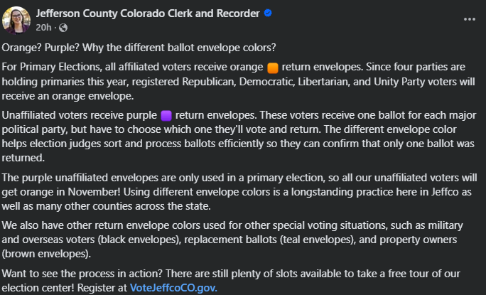 BreakTheChainsM's tweet photo. In regards to Colorado's color coded return envelopes:

surface level, the reasoning seems fine - different affiliations have different primaries

But why color code anything thats being read by a ballot reading machine that can sort results automatically?