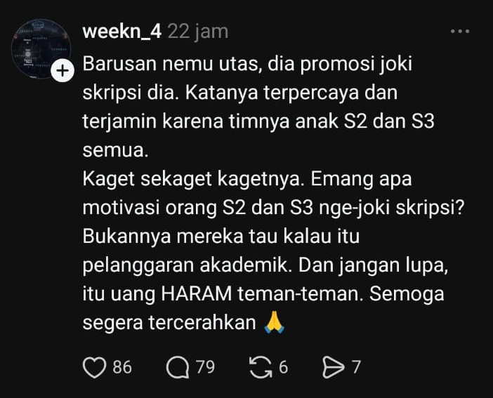 sisimanusiax's tweet photo. Diluar konteks halal atau haram, orang yang lulusan S2 bahkan sampai S3  jadi tim joki, menandakan bahwa negara gagal dalam menciptakan pekerja untuk mereka, dimana mereka sampai harus masuk industri joki https://t.co/y0cdBNsPc0