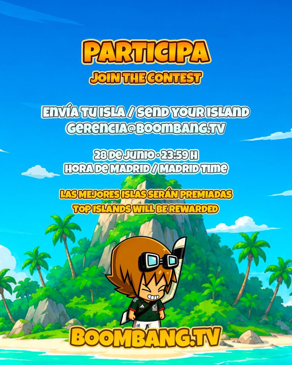 BoomBangPS's tweet photo. 🏆 ¡Llega el Concurso de Islas Mundial 2026 a Boombang! 🏝️ 

Demuestra tu creatividad construyendo una isla inspirada en el fútbol. ⚽🌎

📅 Tienes hasta el 28 de junio de 2026 a las 23:59 h (hora de Madrid) para participar.
Revisa la noticia completa en https://t.co/rUQKjYBCKv https://t.co/CE3DJKU06E