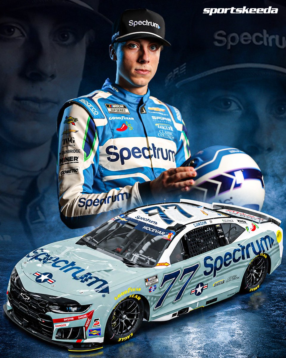 NASCARatSK's tweet photo. Carson Hocevar’s No. 77 will sport a U.S. Navy CMV-22B Osprey-inspired paint scheme for the Anduril 250 at Naval Base Coronado. 🇺🇸✈️🏁 https://t.co/Wwe87rCF2u