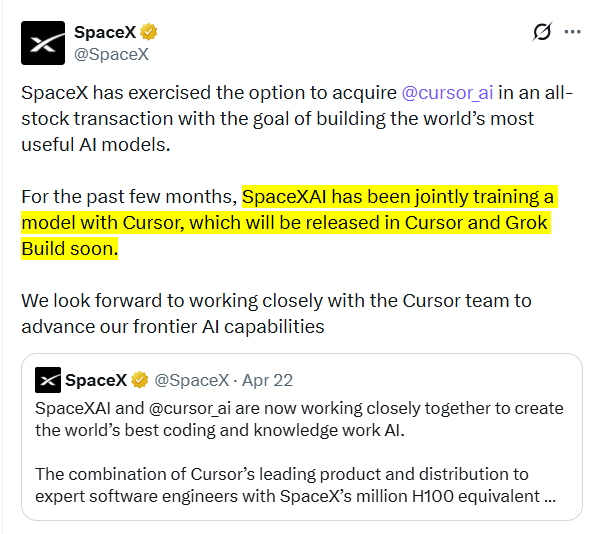 haider1's tweet photo. probably the smartest move

SpaceX has announced its first major acquisition after a record-breaking ipo: Cursor

cursor already has a strong RSI loop for its models, and with Elon's GPU resources, i would not be surprised if they release a mythos-class model within a year https://t.co/FysuPmJPpz