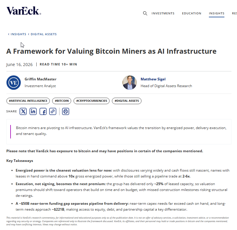 TFTC21's tweet photo. VanEck's @matthew_sigel published a framework for valuing Bitcoin miners pivoting to AI infrastructure.

He argues that energized power is the only clean valuation lens right now. Disclosures vary wildly across the sector and cash flows barely exist, so contracted capacity is what the market is actually pricing. 

Companies with signed leases trade above 10x energized power. Those still selling a pipeline trade at 2-6x.