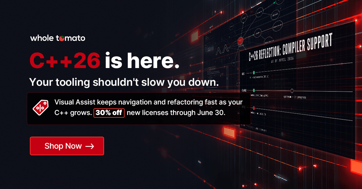 visualassist's tweet photo. C++26 just shipped. Navigation and refactoring that hold up at scale.
Save 30% on Visual Assist new licenses through June 30.
Shop Now โ https://t.co/9hx6P0q41L
#VisualAssist #cpp26 #developers #coding #devtools https://t.co/mV9xGuy1Nn