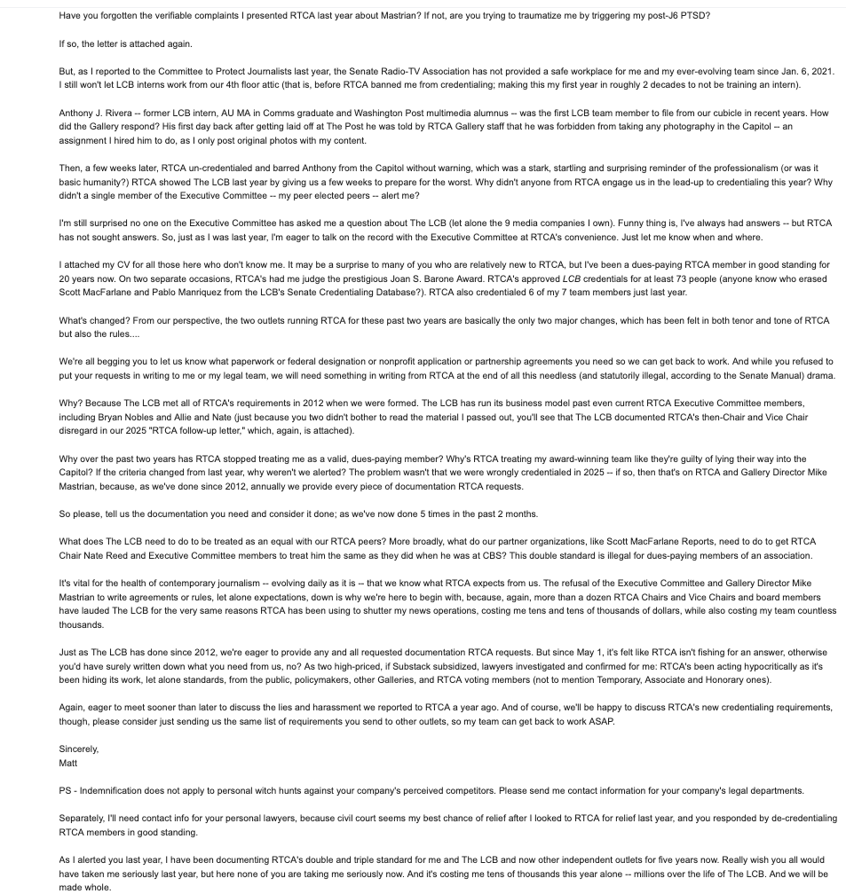 MattLaslo's tweet photo. In response to my request for an On the Record meeting with @RTCACapitolHill after a month and a half of them illegally shutting my Bureau down, they responded that they'll only meet with me Off the Record. 

How dare these TV Networks - @scrippsnews @ABC @Disney @CNN @NBCNews @MSNOWNews demand transparency from a subject ever again. 

I'm now demanding to be put in touch with each of their legal departments and their personal lawyers.