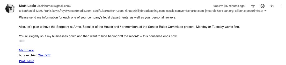 MattLaslo's tweet photo. In response to my request for an On the Record meeting with @RTCACapitolHill after a month and a half of them illegally shutting my Bureau down, they responded that they'll only meet with me Off the Record. 

How dare these TV Networks - @scrippsnews @ABC @Disney @CNN @NBCNews @MSNOWNews demand transparency from a subject ever again. 

I'm now demanding to be put in touch with each of their legal departments and their personal lawyers.