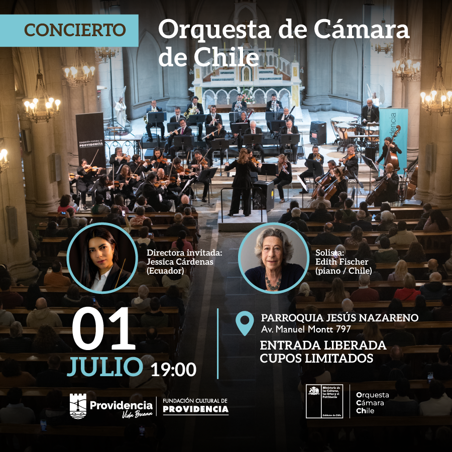 CulturaProvi's tweet photo. ¡MAÑANA! Este miércoles 1 de julio, a las 19:00 horas, se presentará la Orquesta de Cámara de Chile en la Parroquia Jesús Nazareno (Av. Manuel Montt 797), bajo la dirección de Jessica Cárdenas (Ecuador) y la pianista chilena, Edith Fischer. Entrada liberada. @Muni_provi https://t.co/SQbeScd4zo