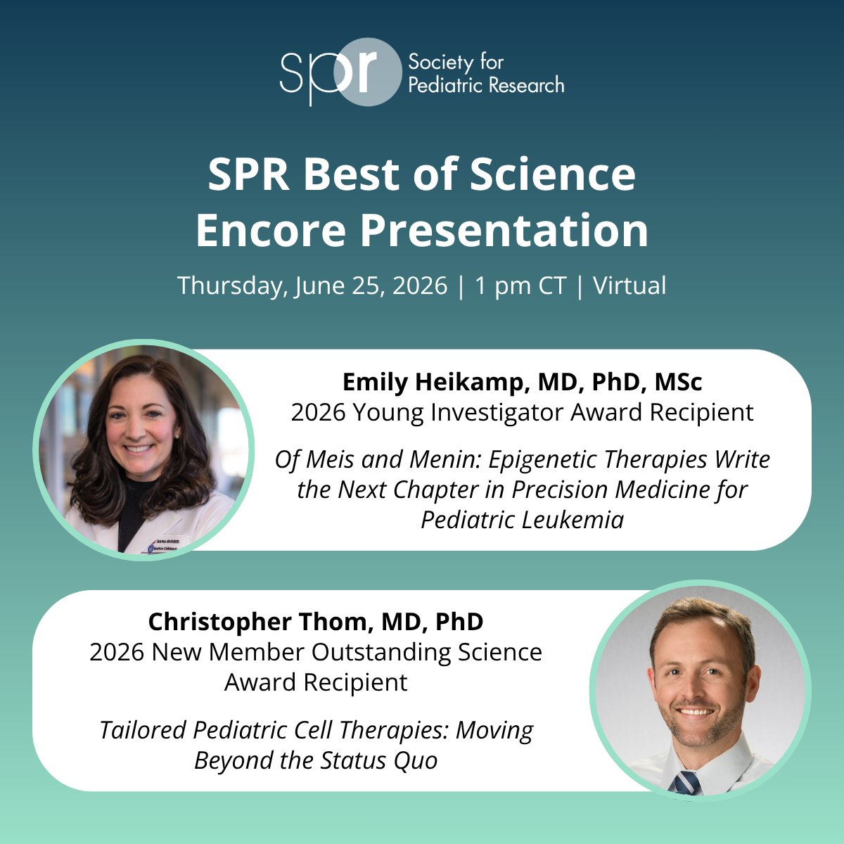 SocPedResearch's tweet photo. Join us June 25 at 1 pm CT for a special SPR Best of Science Encore Presentation, featuring SPR Young Investigator Award recipient, Emily Heikamp, MD, PhD, MSc, &amp; SPR New Member Outstanding Science Award recipient, Christopher Thom, MD, PhD

Register Now: https://t.co/zmaiM9Lqc7 https://t.co/FGlWBbSrRY