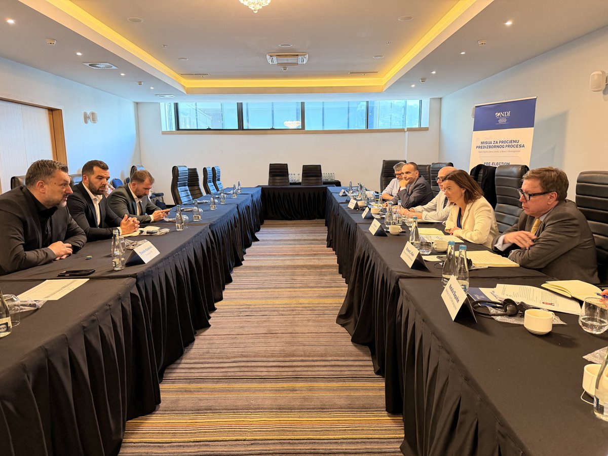 NDI's tweet photo. In Sarajevo, the delegation met with representatives of @NasaStrankaBiH, @sdpbih, the Party of Democratic Action (SDA), and the People and Justice Party (NiP) to hear their perspectives on the broader political landscape and preparations for the upcoming elections in Bosnia and Herzegovina🇧🇦🗳️