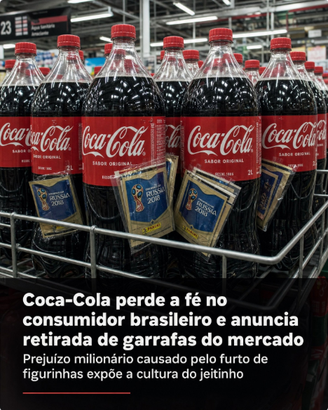 LunaBambam74's tweet photo. A cultura mostra por que o país não evolui.

A Coca-Cola lançou uma promoção simples: compre, ganhe figurinhas. O resultado? Prejuízo milionário causado pelo furto em massa das figurinhas nas prateleiras. A empresa, decepcionada, recolheu as garrafas do mercado.

Não foi o governo. Não foi a crise. Foi o comportamento de uma parcela da população que ainda acredita que levar vantagem é inteligência e não o que realmente é: o freio que impede o país de crescer.

Enquanto exigimos um Brasil melhor, precisamos nos perguntar: que tipo de brasileiro estamos sendo no dia a dia?

A mudança começa antes das urnas. Começa no supermercado.