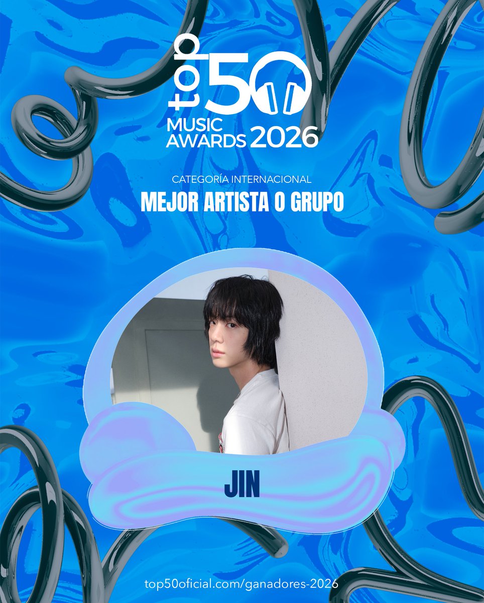 Top50Oficial's tweet photo. Top 50 Music Awards 2026: Jin gana el premio a Mejor Artista o Grupo Internacional. #TOP50MA2026 #Jin 

— Más información: https://t.co/npISxgahnY https://t.co/Hk6cRCHbMp