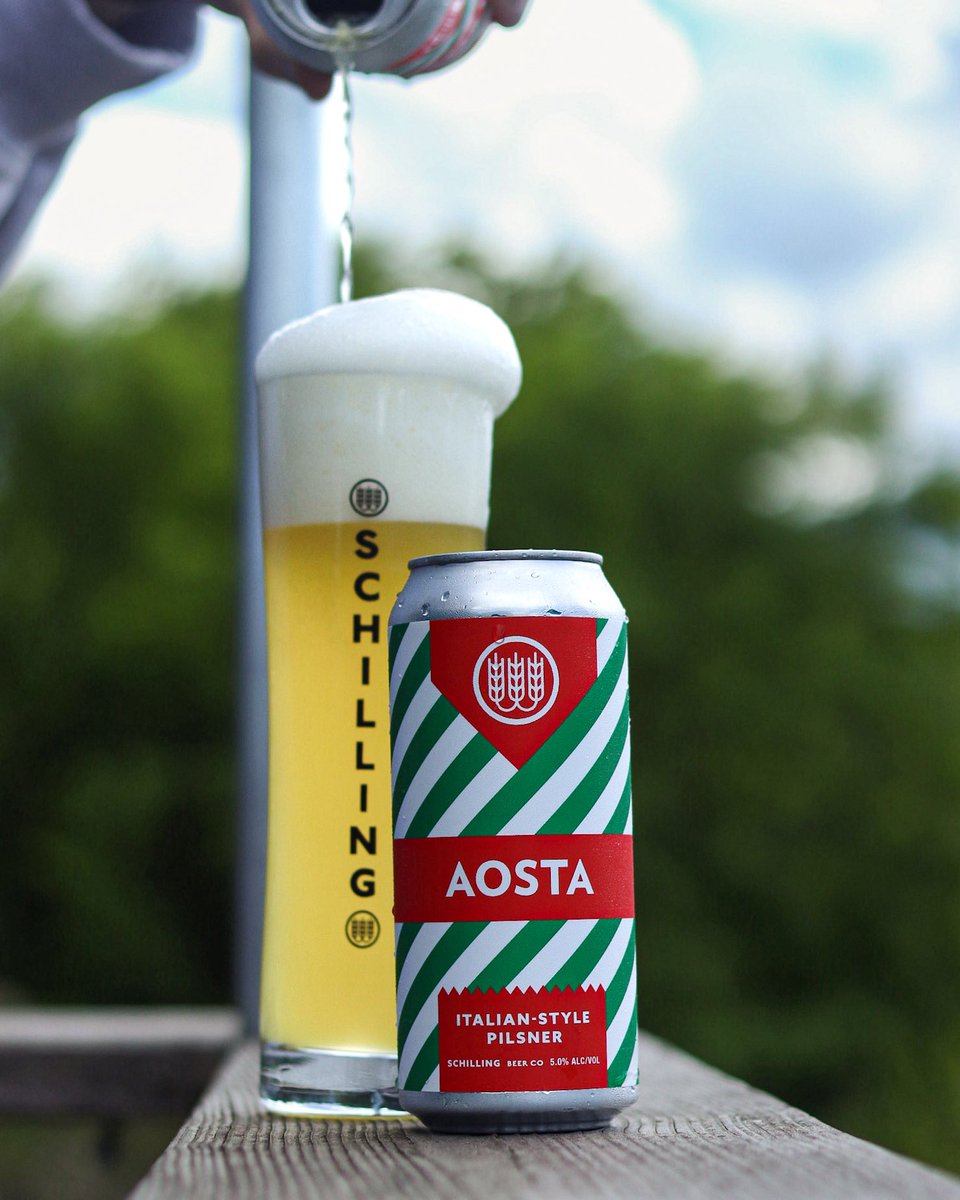 SchillingBeer's tweet photo. Aosta is an Italian-style pilsner inspired by Italy’s Aosta Valley. Brewed with Adriatic pilsner malt, Hallertau Tradition &amp; Tettnang hops from the Schmailzl family farm, and a revived Franconian yeast. Unfiltered, floral, citrusy, crisp &amp; dry. Returns Friday on draft &amp; 4-packs. https://t.co/Ioi38zfTUP