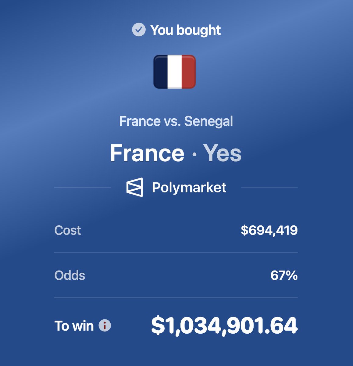 PolymarketSport's tweet photo. 🚨BREAKING: Someone named “Latina” just put $700k on France to win their match vs Senegal 

This pays out $1,034,901.64 on Polymarket https://t.co/jPCH9wx3SN