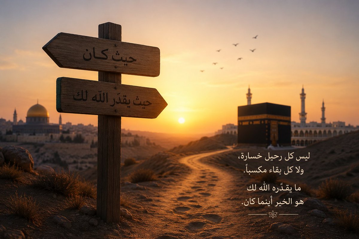 Oflaw99's tweet photo. ليس كل رحيل خسارة، ولا كل بقاء مكسباً.

تحوّلت القبلة من الأقصى إلى مكة، وهاجر النبي ﷺ من مكة إلى المدينة، ليبقى درسٌ عظيم: أن الخير قد يكون في المكان الذي لم تخطط له، وأن الأقدار أوسع من تعلّقنا بالأماكن.

فحيث يضعك الله، قد تجد أهلاً خيراً، وصحبةً أصلح، وحياةً أطيب مما كنت تظن.