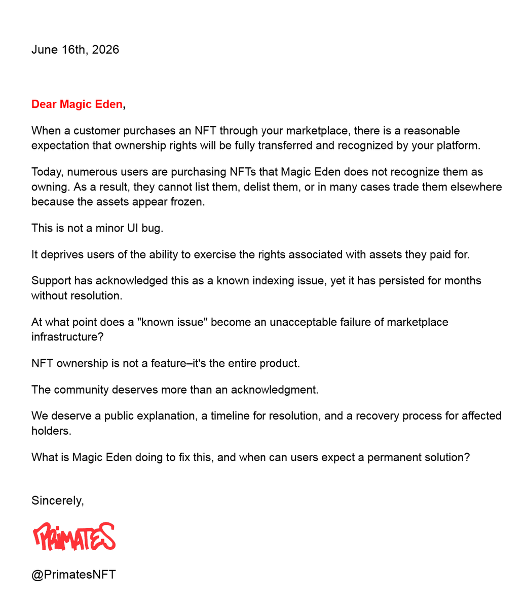 Primatesnft's tweet photo. Indexing issues happen. But when an NFT marketplace cannot recognize rightful ownership after purchase, and assets become effectively trapped for months, that's no longer just a bug.

That is a platform reliability failure.

Please join us in asking @MagicEden for accountability https://t.co/PigNvG51Q8