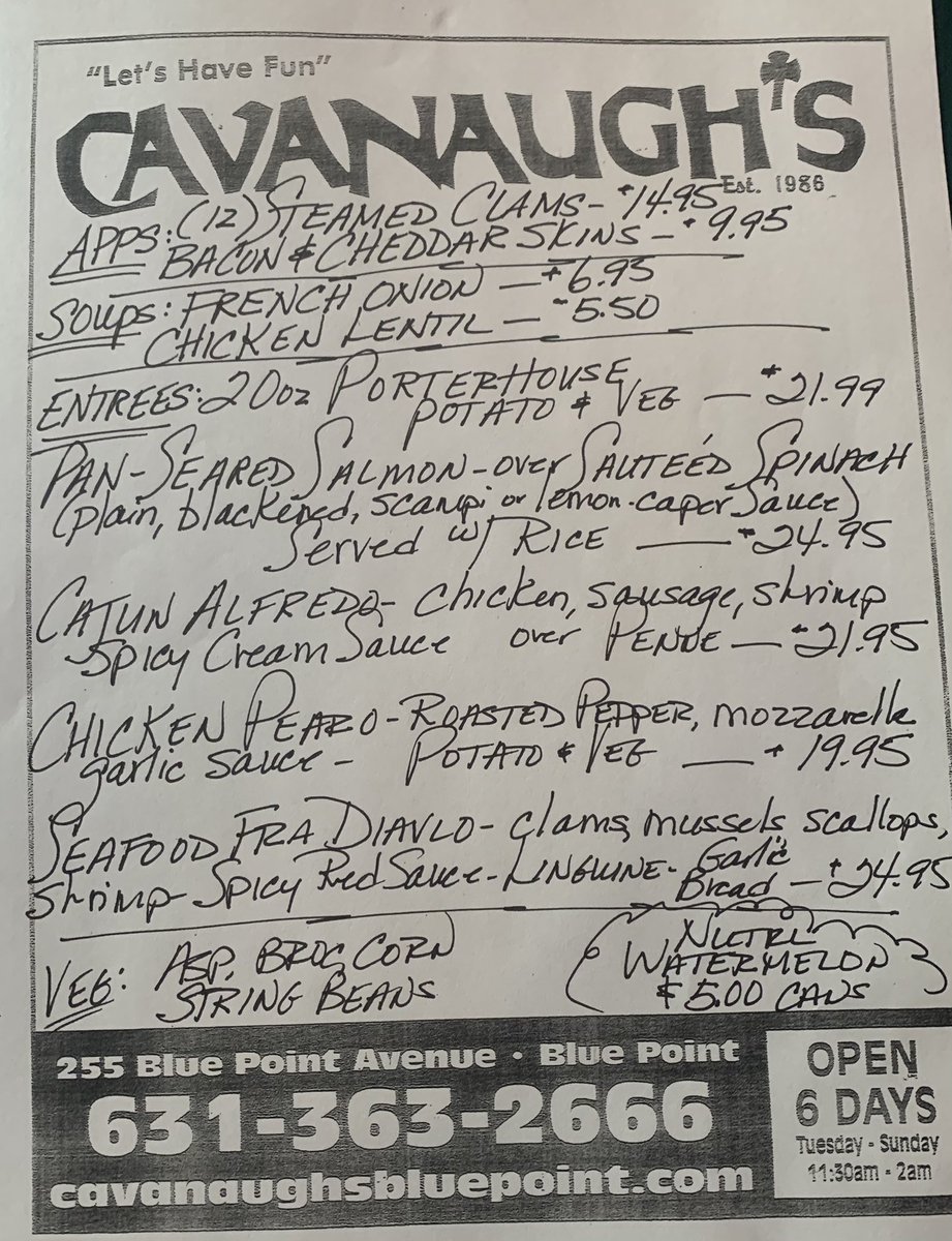 CavanaughsPub's tweet photo. Porterhouse Tuesday &amp; Tonight’s Dinner Specials. Kitchen Serving Till 9:30pm
#Porterhouse #Bayport #BluePoint #Cavanaughs https://t.co/pFYgyc7xZb