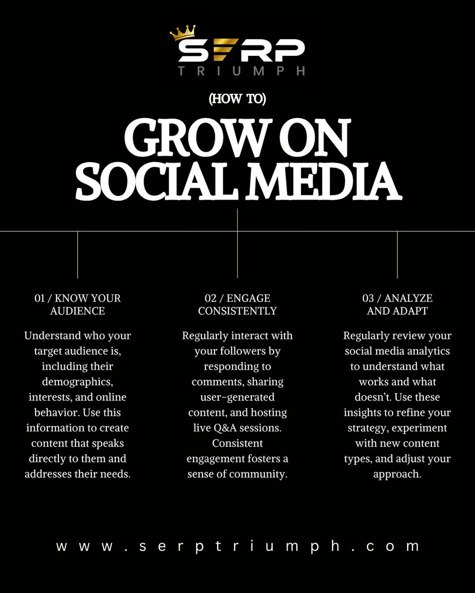 SerpTriumph's tweet photo. 🚀 Want to grow on social media?

1️⃣ Know Your Audience
2️⃣ Engage Consistently
3️⃣ Analyze &amp; Adapt

Small improvements every day lead to big results over time. 📈

#SERPTriumph #InstagramMarketing #ContentCreation #SocialMediaTips #BrandAwareness #OnlineGrowth https://t.co/yaZt6DQeQX