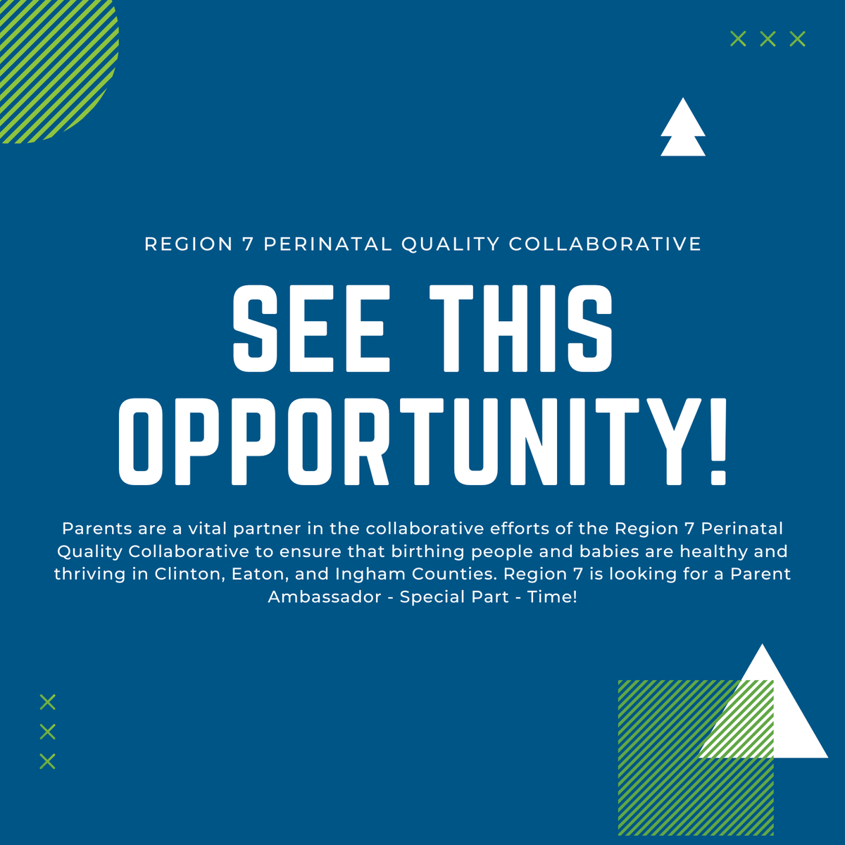 MMDHD2's tweet photo. Our Ingham County Neighbor, the Region 7 Perinatal Quality Collaborative, is looking to hire 2-3 Parent Ambassadors to ensure that birthing people and babies are healthy and thriving in Clinton, Eaton, and Ingham Counties.

Position is open until filled! https://t.co/CVlthx6b9P