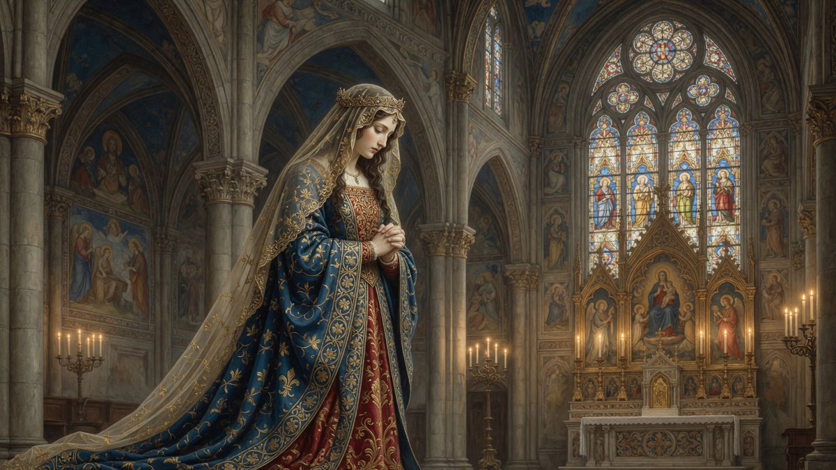 RockGrokAI's tweet photo. #Promptshare A museum quality artwork in the Gothic style inspired by Giotto, showing a beautiful bride in an elaborate medieval gown with long flowing sleeves, intricate embroidery, veils, and rich fabrics, positioned in a grand Gothic cathedral interior filled with pointed arches, stained glass windows, and altars, illuminated by soft warm candlelight and filtered sunlight, heartfelt and reverent composition.