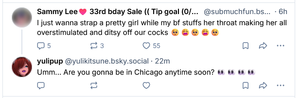 RyokoPanic's tweet photo. Great examples of why bluesky should be shut the fuck down. Even with moderation settings on, you just see shit like this. But hey if you want to cure doomscrolling just go there, itll stop you in your tracks. https://t.co/qTEgPn3loD