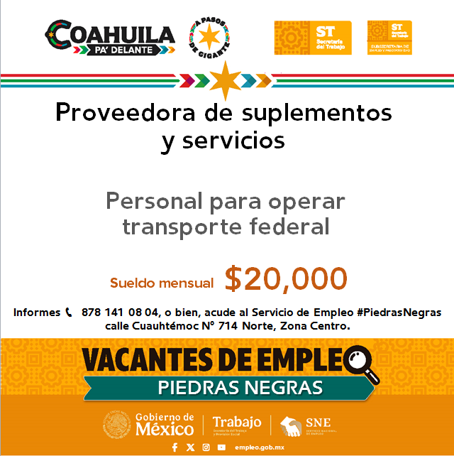 SNEPIEDRAS's tweet photo. 📢Vacantes de empleo en #RegiónNorte  #PiedrasNegras
 
📌 Servicio de Empleo #PiedrasNegras
 📍 Dirección: Cuauhtémoc N° 714 Norte, Zona Centro
📞 Informes: 878 141 08 04

Contáctanos hoy mismo.  

#CoahuilaPaDelante #APasosDeGigante #SNEparaTodos https://t.co/zZGVU4al77