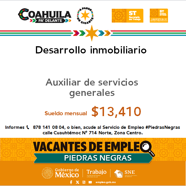SNEPIEDRAS's tweet photo. 📢Vacantes de empleo en #RegiónNorte  #PiedrasNegras
 
📌 Servicio de Empleo #PiedrasNegras
 📍 Dirección: Cuauhtémoc N° 714 Norte, Zona Centro
📞 Informes: 878 141 08 04

Contáctanos hoy mismo.  

#CoahuilaPaDelante #APasosDeGigante #SNEparaTodos https://t.co/zZGVU4al77