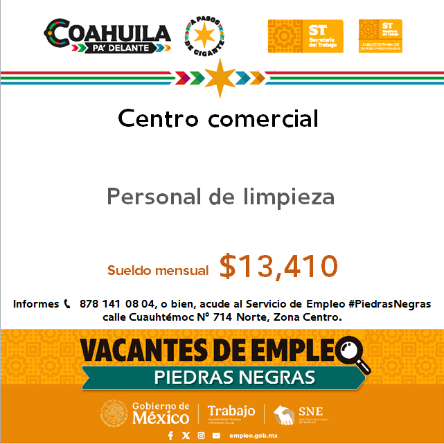 SNEPIEDRAS's tweet photo. 📢Vacantes de empleo en #RegiónNorte  #PiedrasNegras
 
📌 Servicio de Empleo #PiedrasNegras
 📍 Dirección: Cuauhtémoc N° 714 Norte, Zona Centro
📞 Informes: 878 141 08 04

Contáctanos hoy mismo.  

#CoahuilaPaDelante #APasosDeGigante #SNEparaTodos https://t.co/zZGVU4al77