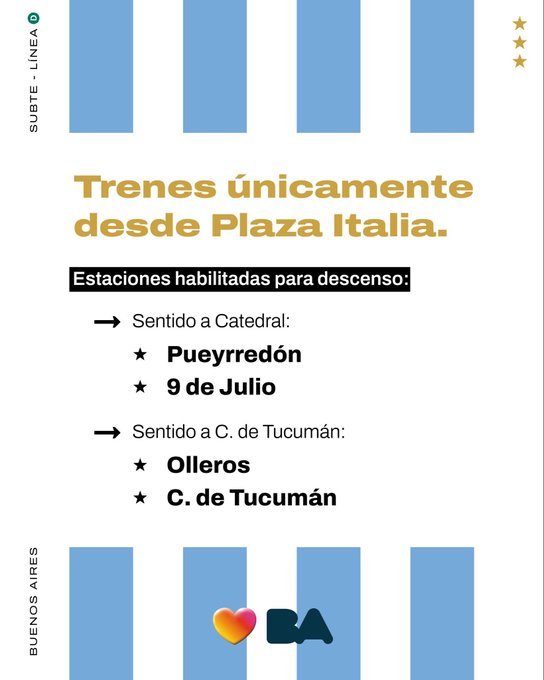 BAMovilidad's tweet photo. #Subte D con horario extendido hasta la 1 am por partido de la selección. info #BAsubte
#transito #movilidad https://t.co/1Oy0rMefxn