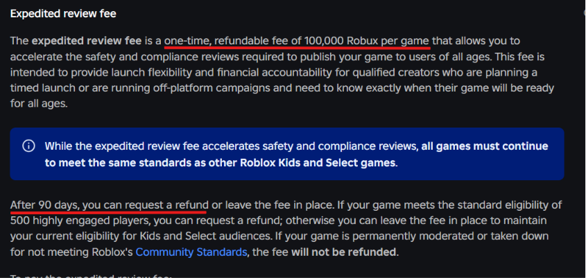 vennyyyprograms's tweet photo. Roblox is introducing a 100,000 Robux fee to SKIP the wait on the recent "500 highly engaged players".

The fee is refundable only AFTER 90 days if the game is in good standing, or it reached the requirement.

Good update... but not beginner friendly at all.
#robloxdev #robloxdeveloper