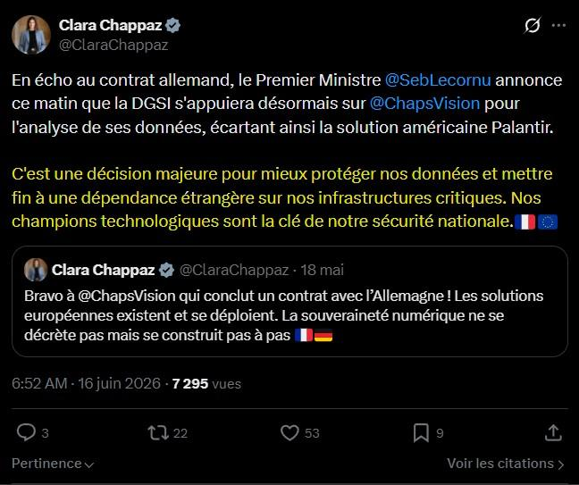 Ced_haurus's tweet photo. Il y a un mois @ClaraChappaz défendait le choix de Palantir nous expliquant que le loup n'est pas dans la bergerie et que c'est un loup muselé 😂

Pas une contradiction prés, elle est aujourd'hui soulagé de la fin de cette dépendance étrangère, "une décision majeure pour mieux protéger nos données".

Je vais garder ce que je pense pour moi.