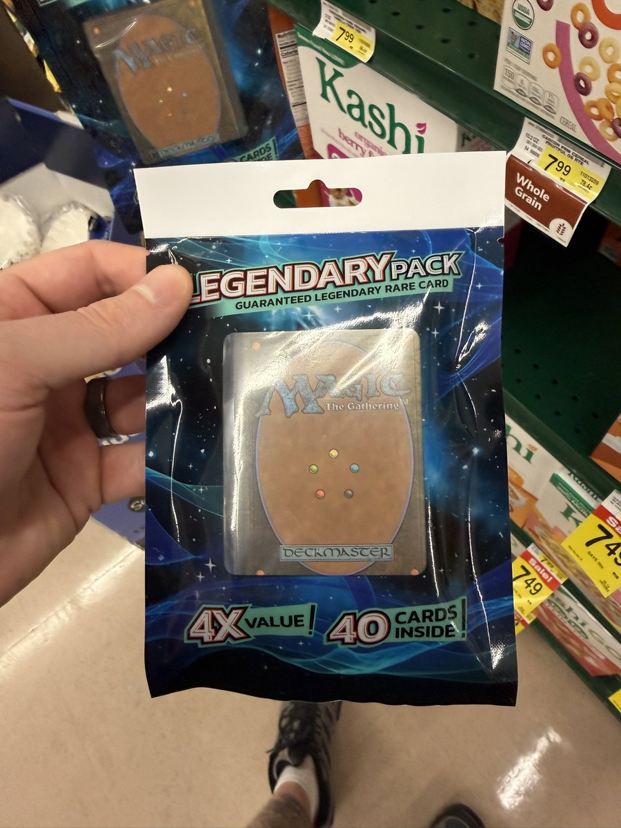 haus_dad's tweet photo. Spotted at my grocery store ($10 per pack). How likely is this a scam?

100%

0% - it says 4x value (not sure what that’s relative to but who cares?) and you get a guaranteed legendary rare card. https://t.co/yzZnyT8TuQ