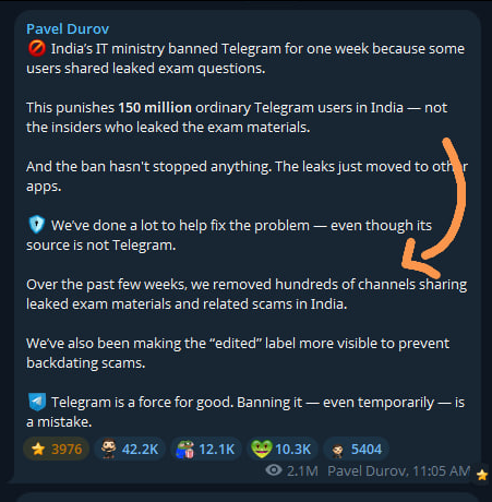 telegram's tweet photo. @Itsmycuriosity Try harder. Malls stop crimes when they are aware – so does Telegram. No matter how actively anyone polices, misuse happens. https://t.co/2XW5Cg7y5W