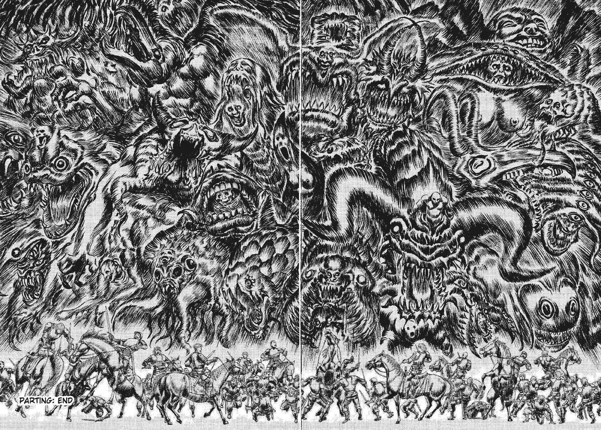 DarkHorseComics's tweet photo. Double-page spreads from #Berserk by the legendary Kentaro Miura.

Berserk is available in both paperback and hardcover Deluxe Edition formats, wherever you buy manga.

#DHManga https://t.co/xKDrTJoJK7
