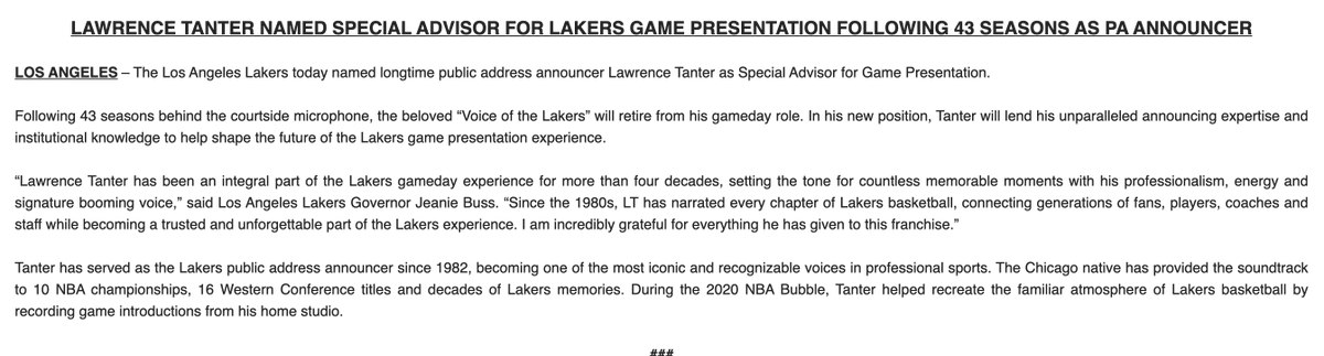MarkG_Medina's tweet photo. Lakers announce that Lawrence Tanter will retire after 43 years. But despite some health issues that sidelined him for end of the season, Tanter will work as a "Special Advisor for Game Presentation." https://t.co/otTSqzrBy5