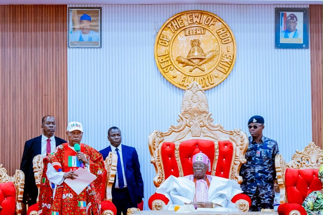 officialSKSM's tweet photo. Before proceeding to the venue of the mega rally, the Vice President, Senator @KashimSM paid homage to the Ewi of Ado Ekiti, HRH Oba Adeyemo Adejugbe, where he thanked the royal father, saying he is not merely a representation of antiquity but a symbol of the Ekiti people’s heritage.

The Vice President also met with members of the Ekiti State Traditional Rulers Council at Government House, where he assured them of President @officialABAT’s support for the traditional institution.

The Vice President also urged the traditional rulers to join hands with Governor @biodunaoyebanji for the development of Ekiti State, citing the federal appointments from which the state has benefited under the Tinubu administration.