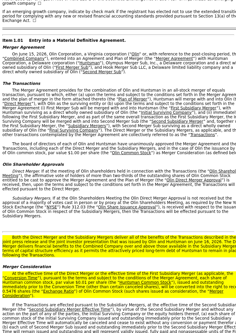 trmnl_data's tweet photo. $OLN: OLN-HUN All-Stock Merger of Equals

• All-stock deal at 0.5476x exchange ratio; Huntsman shareholders receive OLN shares. Both boards unanimously approved.
• Termination fee set at $121M for either party; Peter Huntsman and affiliates locked in via voting support agreement.
• Hidden Alpha: Direct Merger path preserves Huntsman's attractively priced legacy debt — material cost-of-capital benefit absent in the Subsidiary Merger structure.