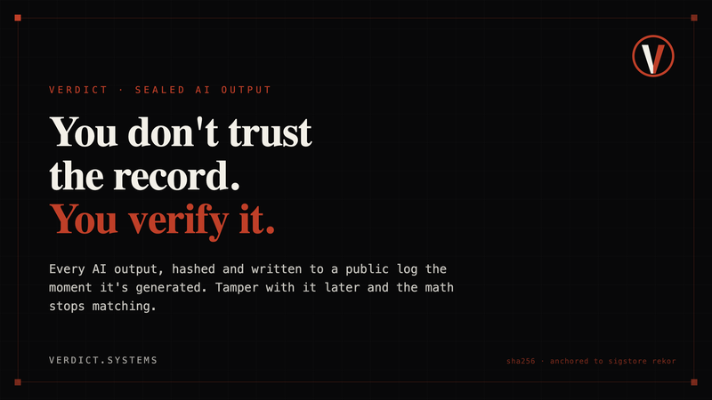 VerdictSys's tweet photo. Every AI vendor says "trust our output."

Wrong word. Trust is what you ask for when you can't prove it.

Verdict seals the AI's output the moment it's generated, hashes it, and writes that hash to a public log anyone can check. Tamper with it later and the math stops matching.

You don't trust the record. You verify it.