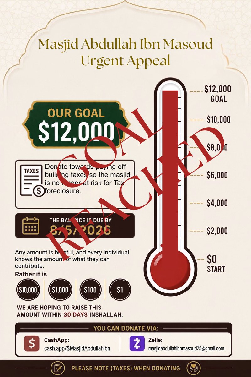 ClevelandSalafi's tweet photo. Alhamdulillah we have reached the goal and will be going to pay the balance this week insha Allah. May Allah reward all who have donated and shared. https://t.co/Q7U04Y1xXy