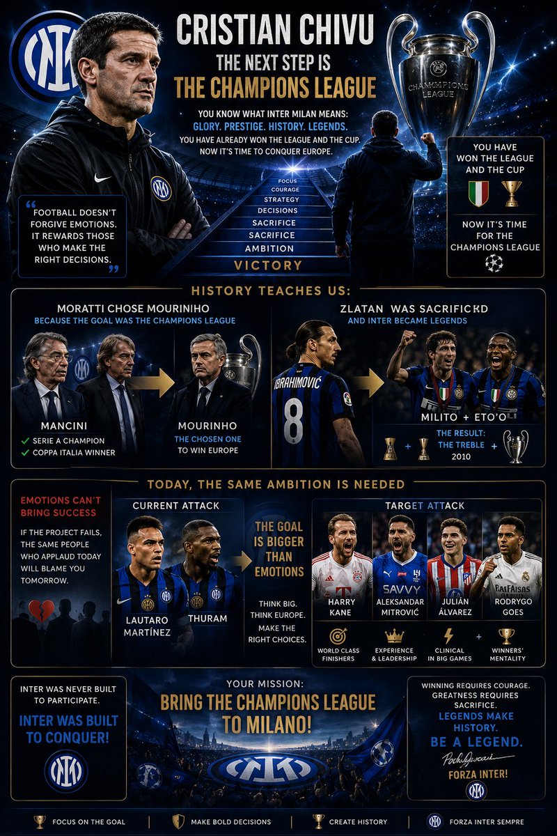 adviser_inter's tweet photo. Dear Cristian Chivu,

You know better than anyone what Inter Milan truly means. This club is not just a football team; it is history, prestige, greatness, and the home of legends.

As a player, you experienced glory wearing the Nerazzurri shirt. As a coach, you have already achieved success, but now a greater challenge stands before you: the UEFA Champions League.

Champions League triumph requires difficult decisions. Sometimes emotions must be separated from football realities. The history of Inter teaches us that courage in decision-making often creates greatness.

Massimo Moratti respected Roberto Mancini and appreciated everything he achieved in Serie A and the Coppa Italia, yet he wanted the ultimate prize. He brought José Mourinho because the goal was Europe.

Inter also made brave choices in the past. Zlatan Ibrahimović was sacrificed, and Diego Milito and Samuel Eto’o arrived. The result was the greatest season in the club’s history.

Today, you must think with the same ambition. Ask yourself what gives Inter the best chance to conquer Europe. Elite goalscorers change destinies. Players such as Harry Kane or Aleksandar Mitrović provide a different level of attacking presence, experience, leadership, and ruthlessness in front of goal.

Do not allow sentiment alone to guide the project. Football is unforgiving. If the project fails, the same people who praise loyalty today will place the responsibility on your shoulders tomorrow.

Think like a champion. Think like a winner. Think about the Champions League.

Inter was not built to participate.
Inter was built to conquer.

Forza Inter.