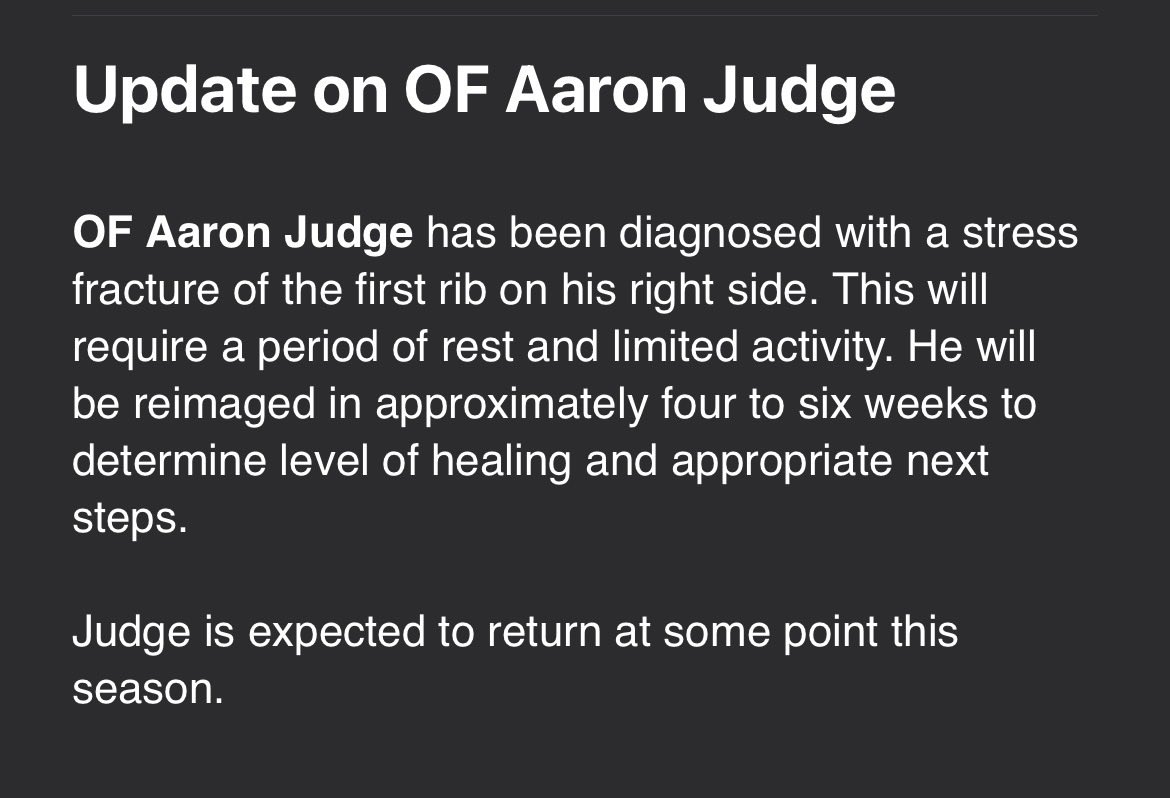 BryanHoch's tweet photo. The Yankees have announced that Aaron Judge has a stress fracture. He will be reimaged in approximately 4-6 weeks. The team does expect him to return this season. https://t.co/6uVLGK5P8N