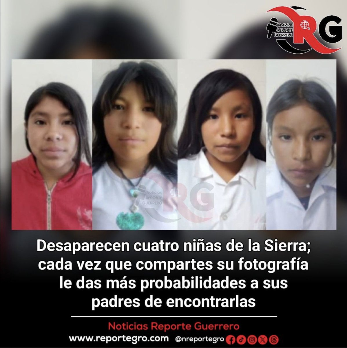 ReporteMxNotic1's tweet photo. Desaparecen cuatro niñas de la Sierra; activan búsqueda urgente
#HastaEncontrarla @Fiscalia_Chih @FGRMexico @SSPCMexico
https://t.co/Hb0MoO1cfN https://t.co/1osW224Nnh