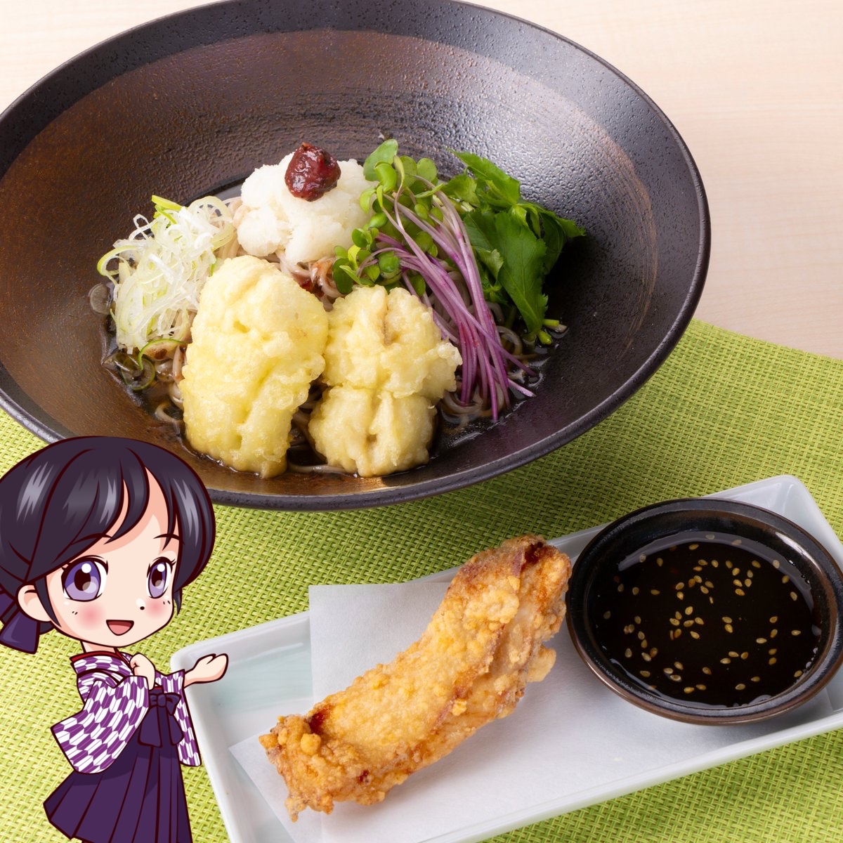 GP_bashamichi's tweet photo. 鶏彩🐣夏フェアから「鱧天梅おろしぶっかけそば」をご紹介🐟
昨年も大人気だったふっくら鱧天をトッピング☺
梅肉ソースと大根おろしを混ぜ込めば、暑い日にぴったりな冷たいおそばです🥰
自慢の棒からあげ付きです！
期間限定7/13（月）までの販売となります⚠

＃やばねの呟き https://t.co/ik82CKbc2i