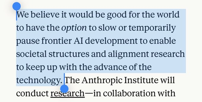 coinbureau's tweet photo. 🚨THIS IS SCARY: ANTHROPIC SAYS THE WORLD SHOULD HIT PAUSE ON AI

Earlier, Anthropic CEO Dario Amodei: "The other extreme position is 'this is really scary, we should just pause.. stop building the technology'"

Now, Anthropic says: "Our AI is getting scary good at improving us. We believe it would be good for the world to have the option to slow or temporarily pause frontier AI development."

Are we so close to that "extreme position" than most realise?