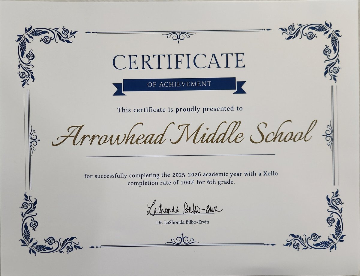 arrowheadmiddle's tweet photo. Today, AMS received awards today for improved attendance and 100% Xello completion across all grade levels. These achievements are a testament to the collective efforts of our students, staff, and families. Thank you for your  support and dedication to student success. https://t.co/8csZRiCami