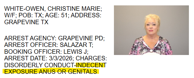 DEI_Champion's tweet photo. Trump supporter in Grapevine, TX arrested for exposing her anus and or genitals. https://t.co/YGSuV7UCFF